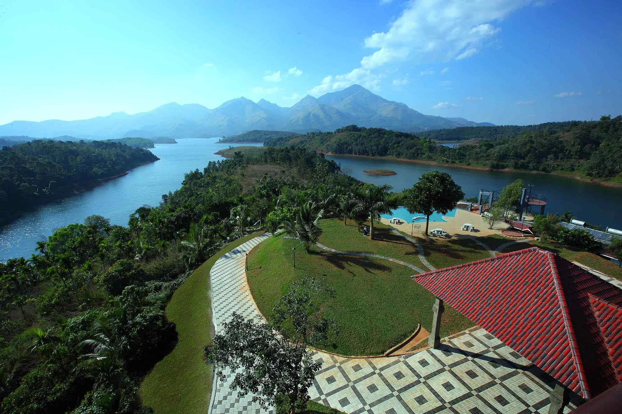Beautiful view of Arayal Resorts luxury lakeside villas in Wayanad, Kerala